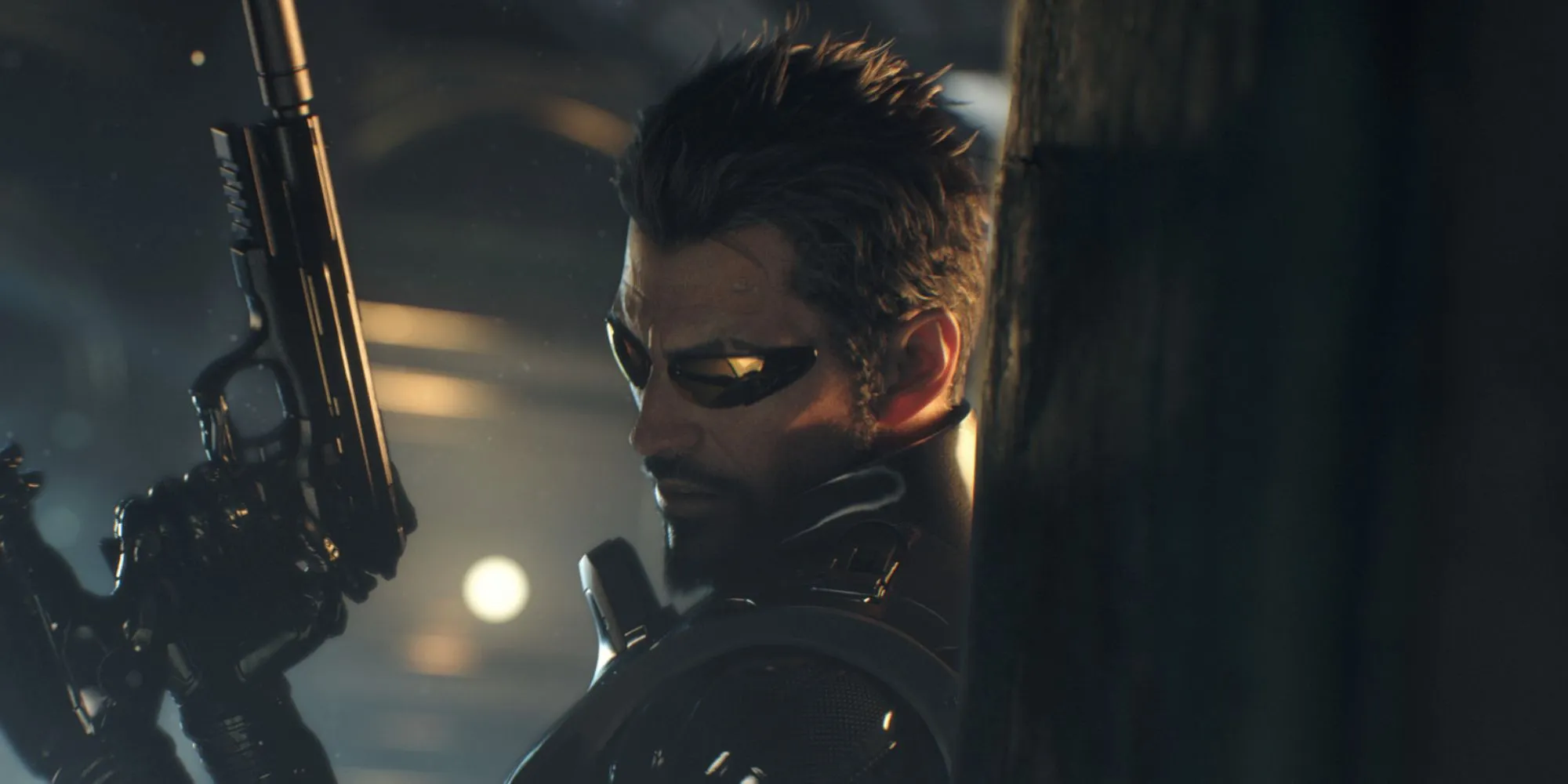 Adam nascondendosi dietro una copertura in Deus Ex: Mankind Divided