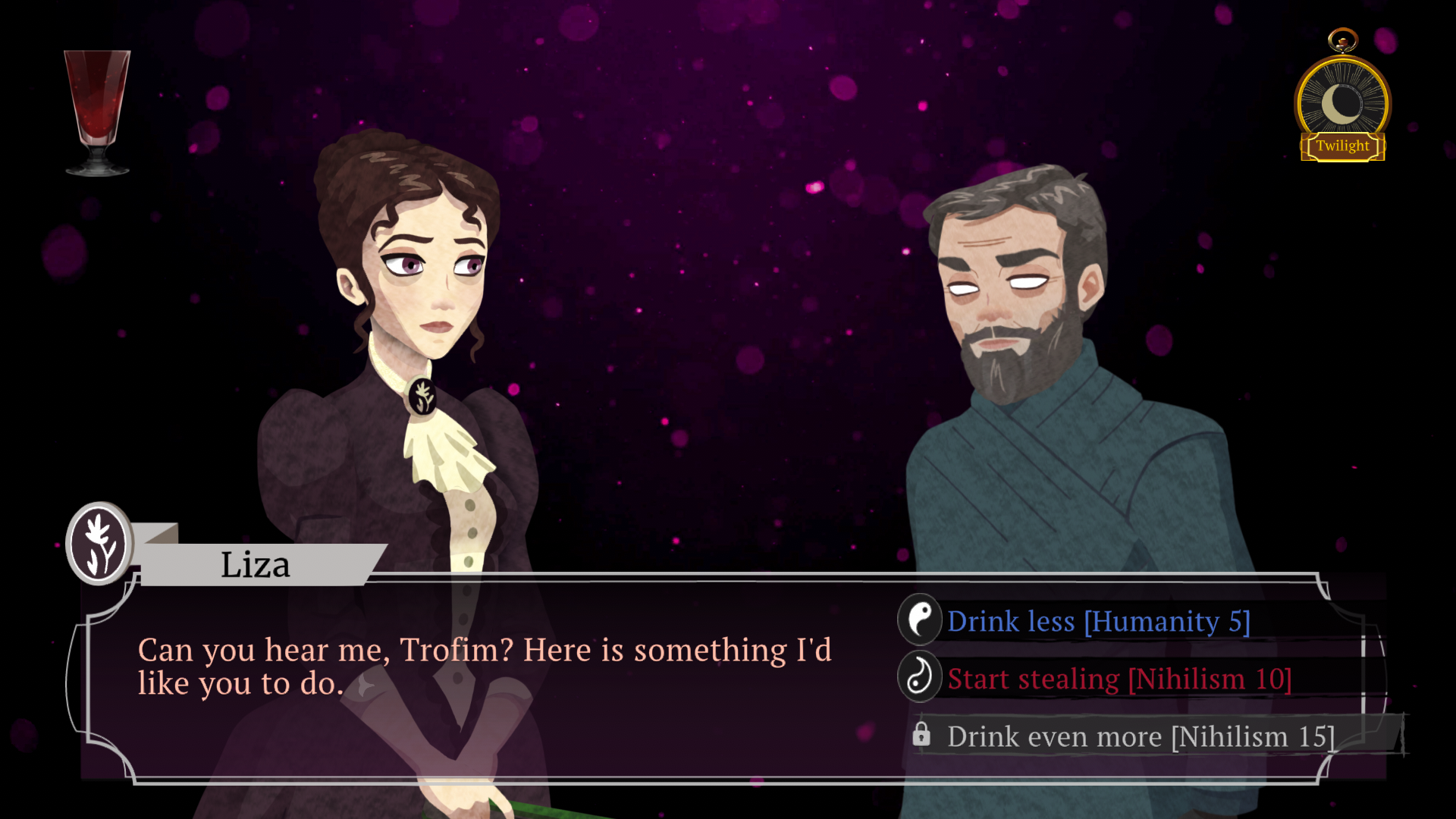 Capture d'écran de Cabernet d'une conversation entre Lisa et un vampire masculin