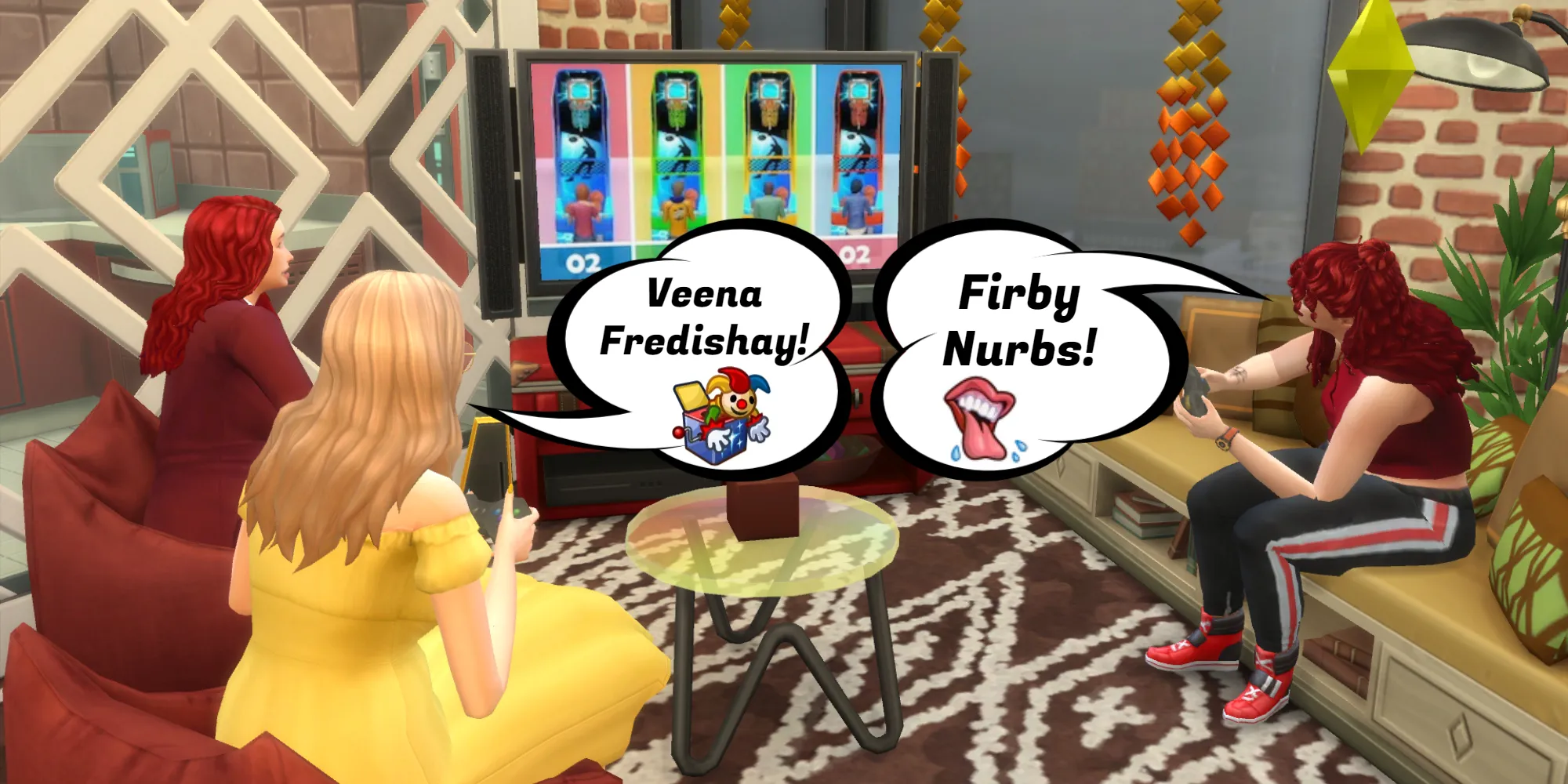 Nella lingua Simlish, la frase Veena Fredishay significa giochiamo. Nell'immagine ci sono tre Sims che giocano a un videogioco in TV.
