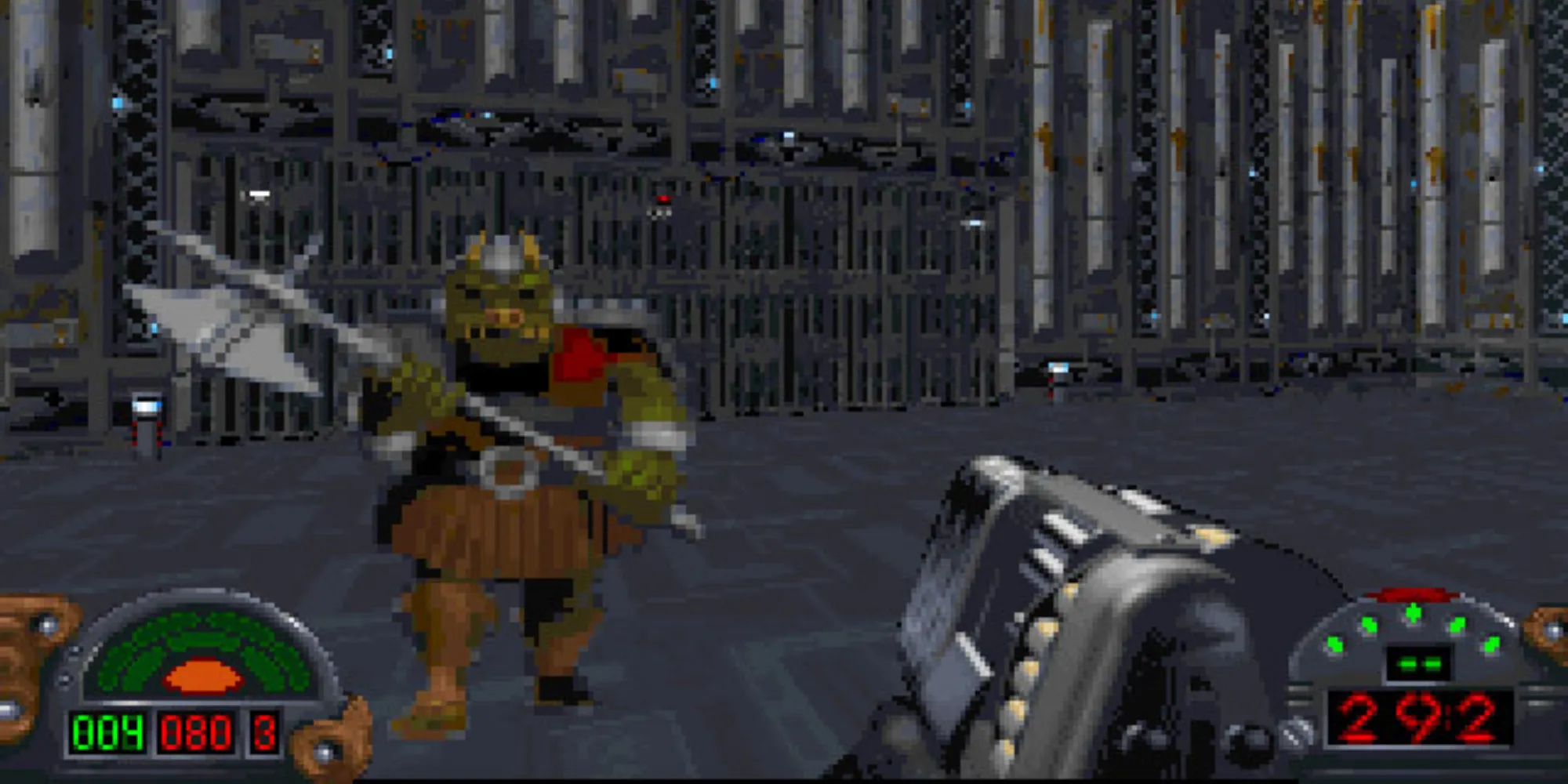 A player shooting at a guard in Star Wars Dark Forces