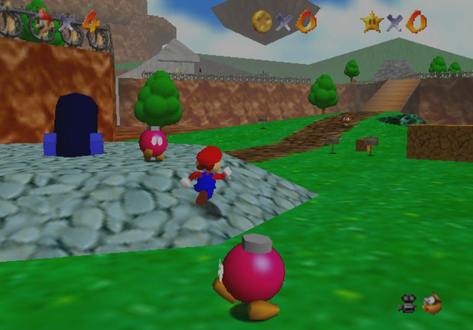 Mario court devant les Bob-ombs dans Super Mario 64