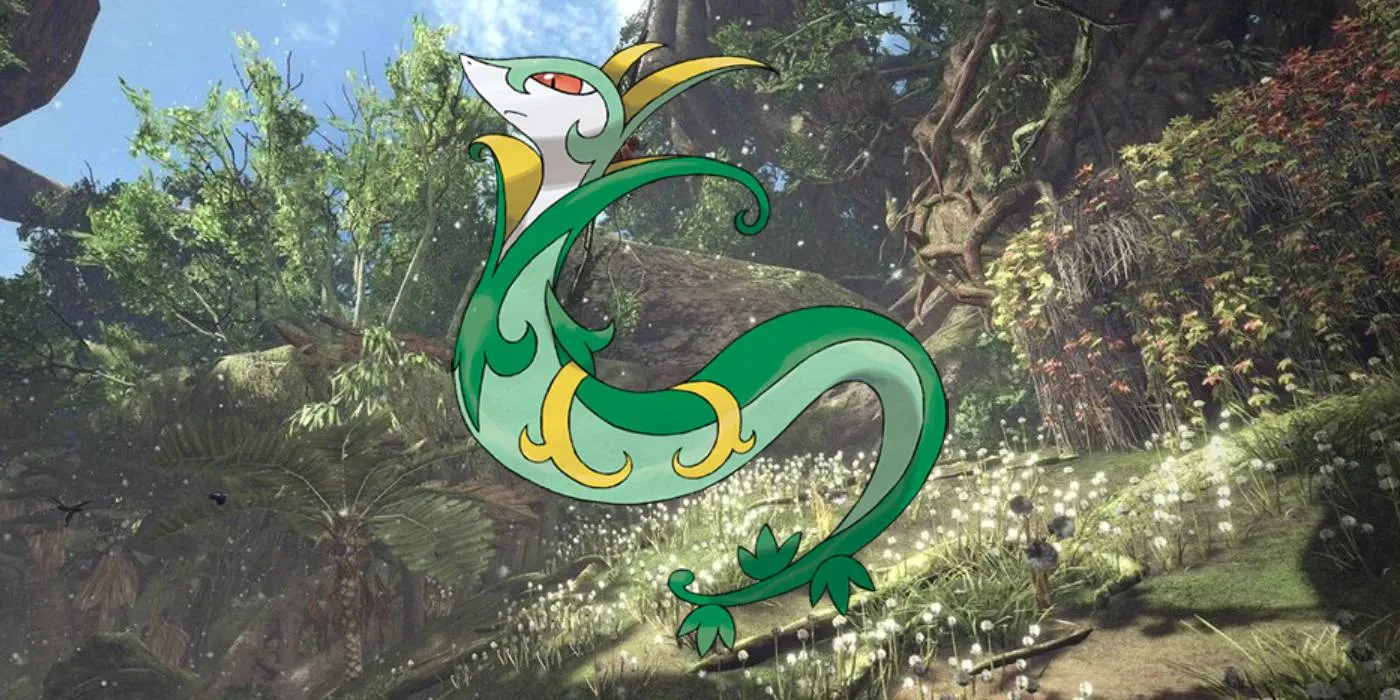 Serperior from Pokemon in the Ancient Forest from Monster Hunter World