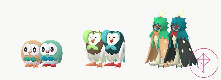 Shiny Rowlet, Dartrix, and Decidueye in Pokémon Go