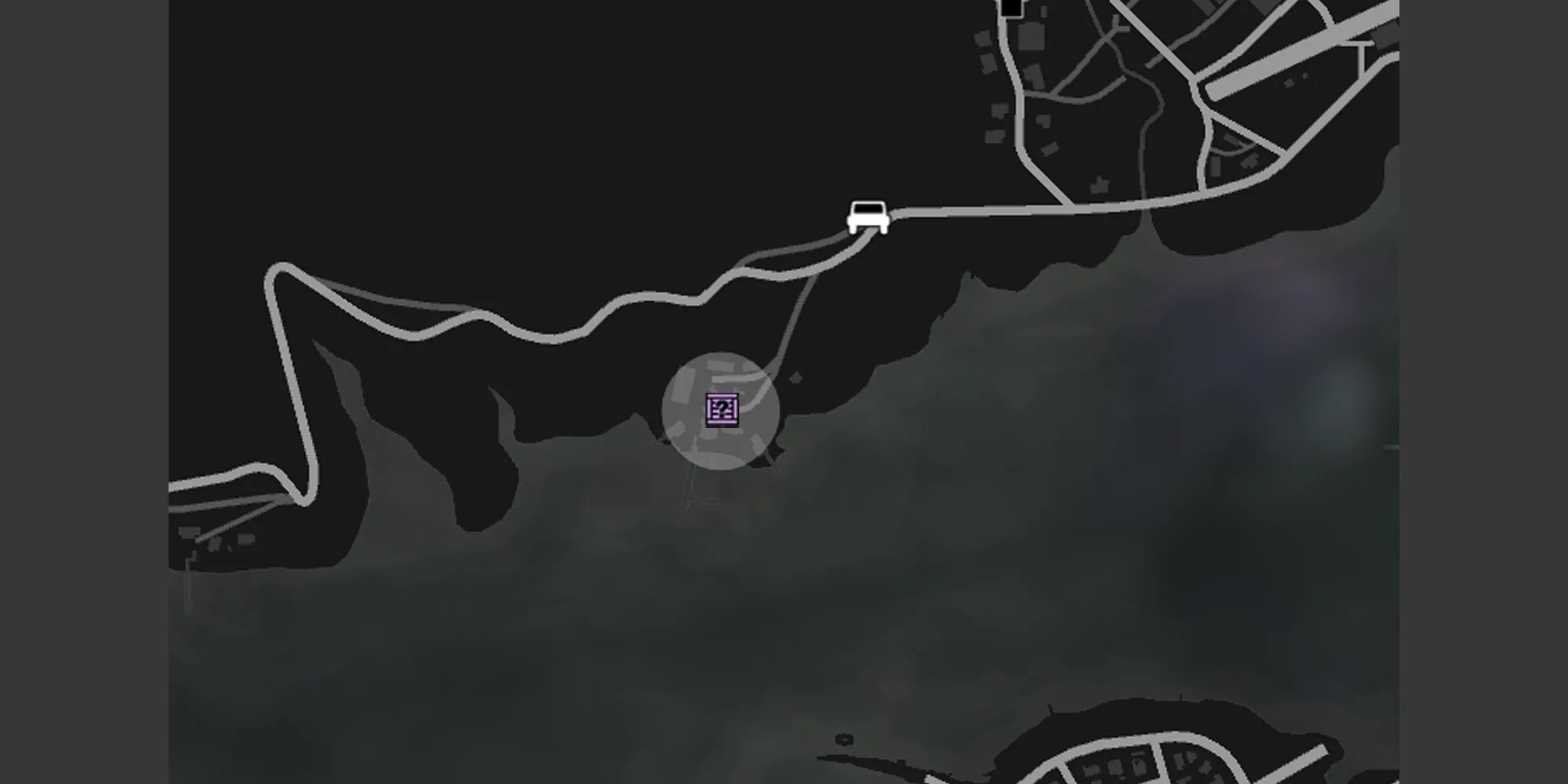 画像は、GTAオンラインの地図で示されている灰色の円と紫のGのキャッシュクレートアイコンで示されるミラーの漁場です。