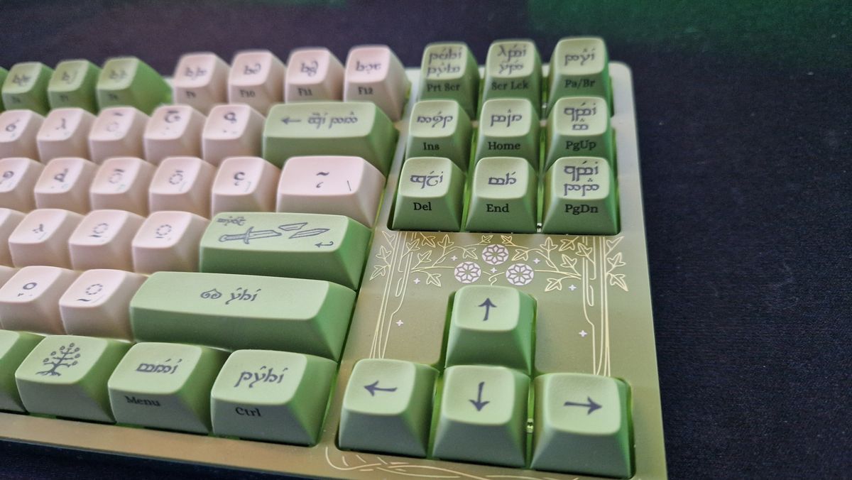 Drop + LOTR Elvish Keyboard review showing the board’s right-hand side and bottom arrows