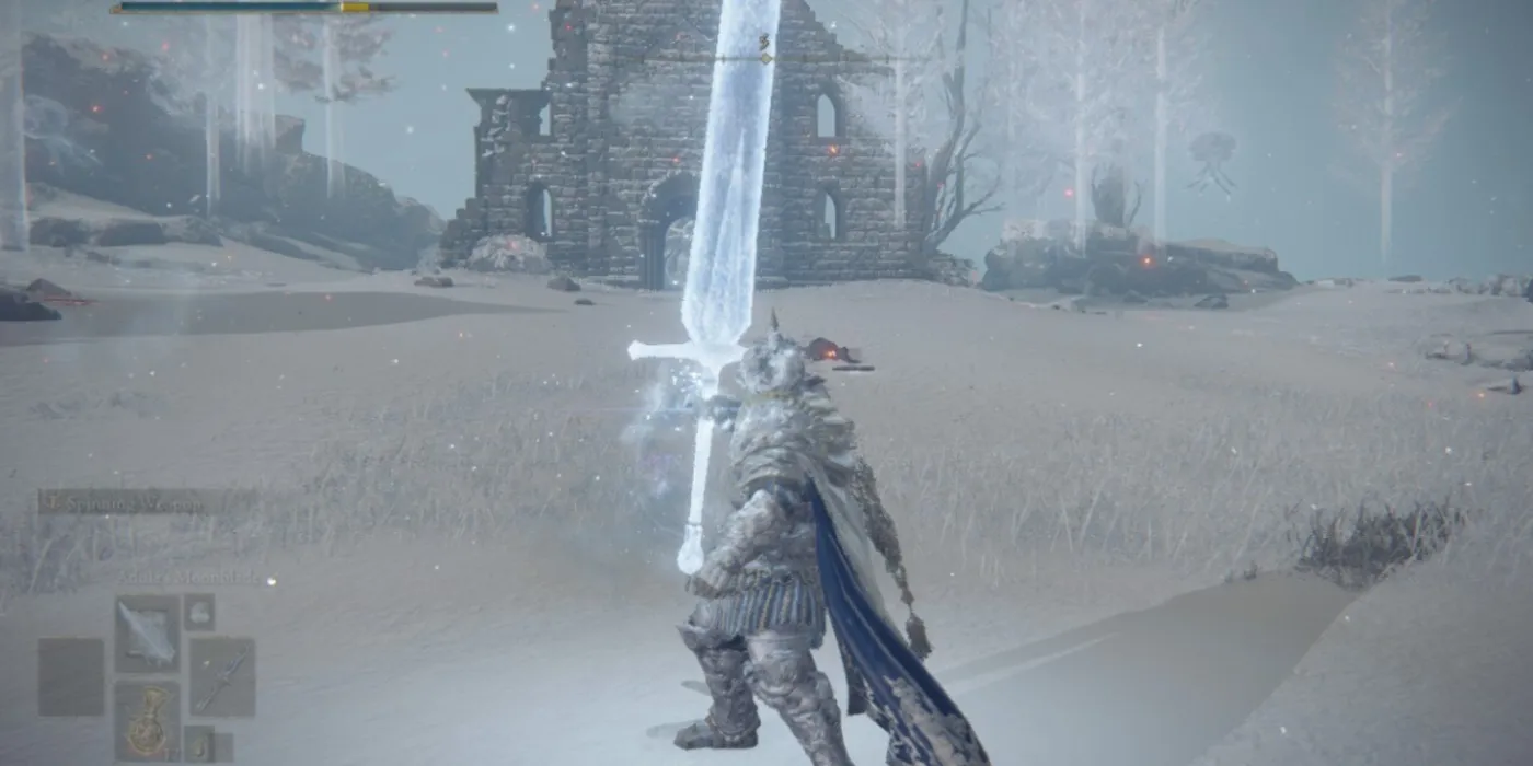 Giocatore di Elden Ring usa la magia della spada di Adula in un paesaggio innevato