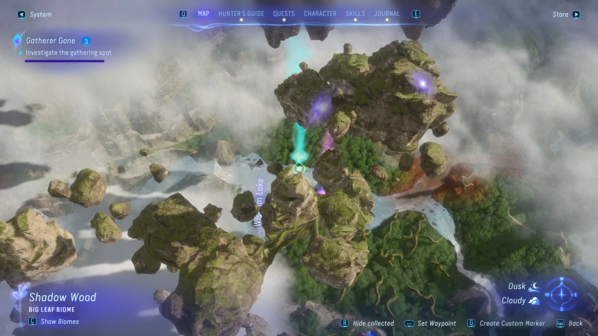 Местоположение Озера Мудрости на внутриигровой карте, показывающее, куда идти в квесте Пропавший Сборщик в игре Аватар: Пограничье Пандоры.