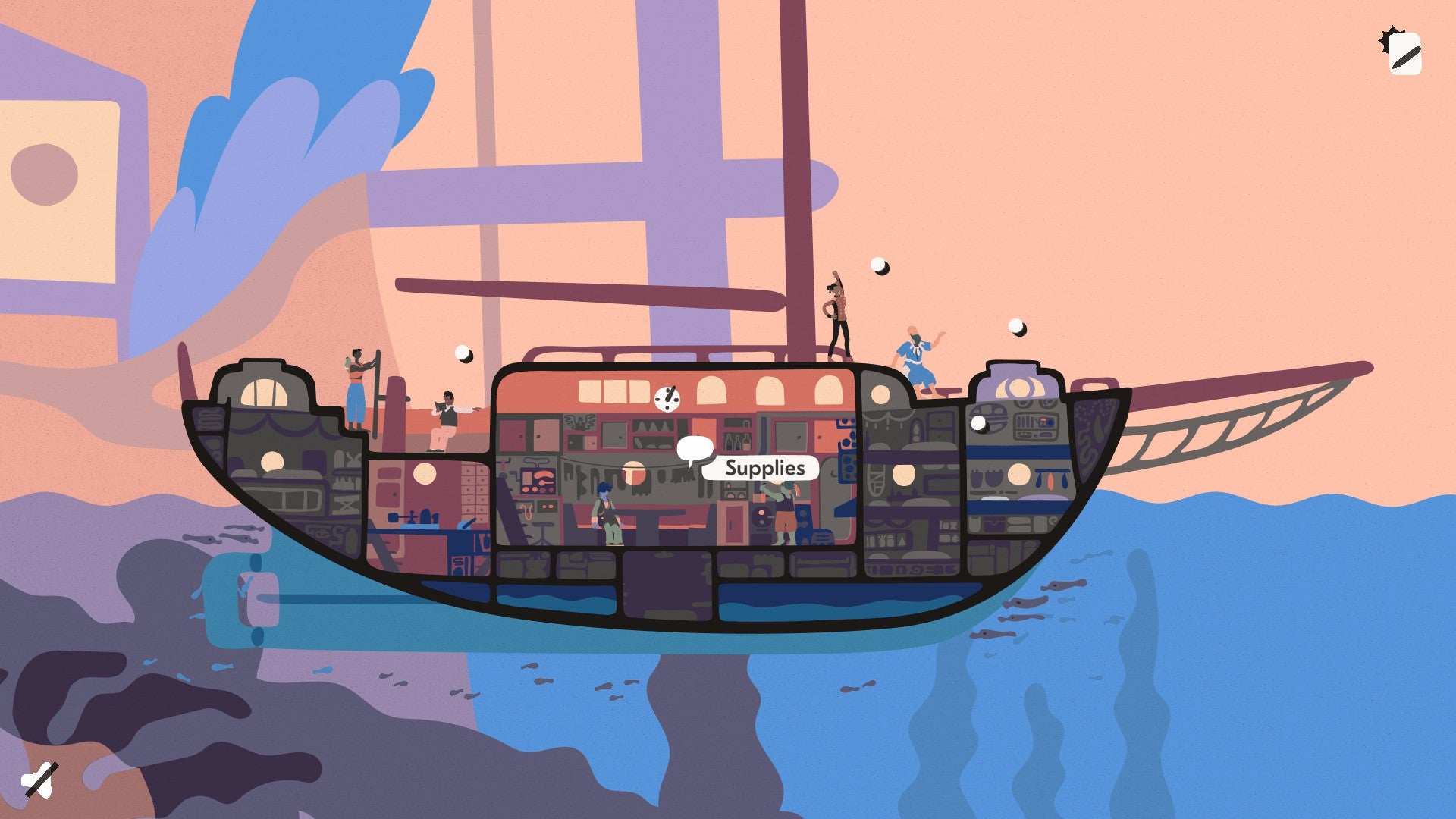 Saltsea Chronicles - поперечное сечение парусного судна показывает множество отсеков внутри судна. Выбранный отсек помечен "Припасы"