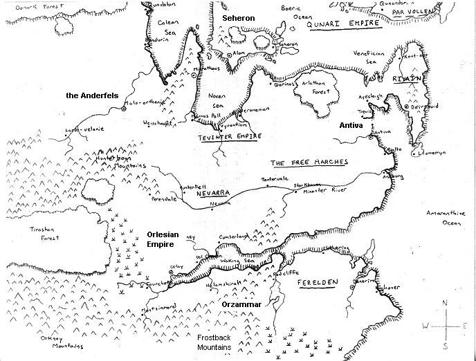 Una mappa schizzata in bianco e nero di ciò che sarebbe diventato Thedas, il mondo di Dragon Age