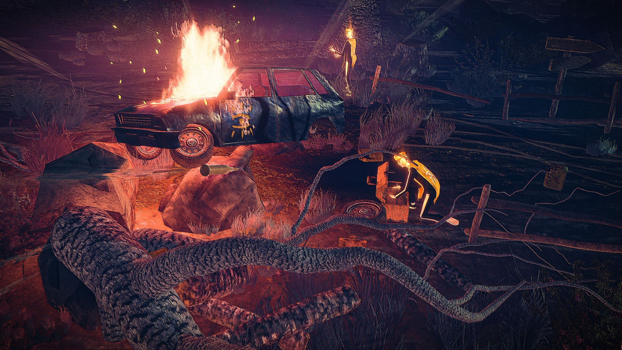 Capture d'écran de Children of the Sun montrant une voiture brûlante.
