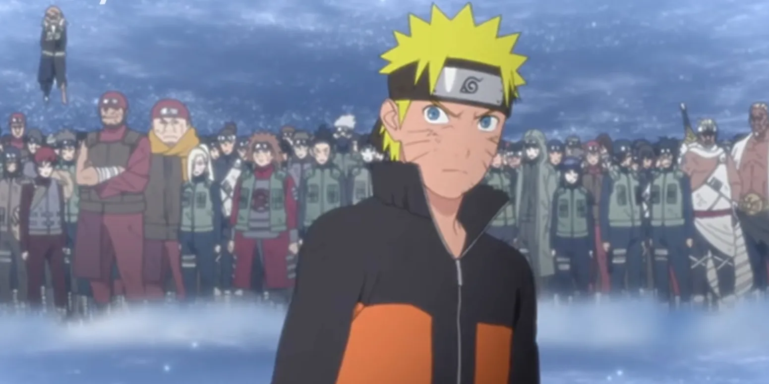 Capture d'écran tirée de l'ouverture 12 de Naruto Shippuden - Silhouette - avec Naruto fixant la caméra et toute l'armée de shinobi derrière lui