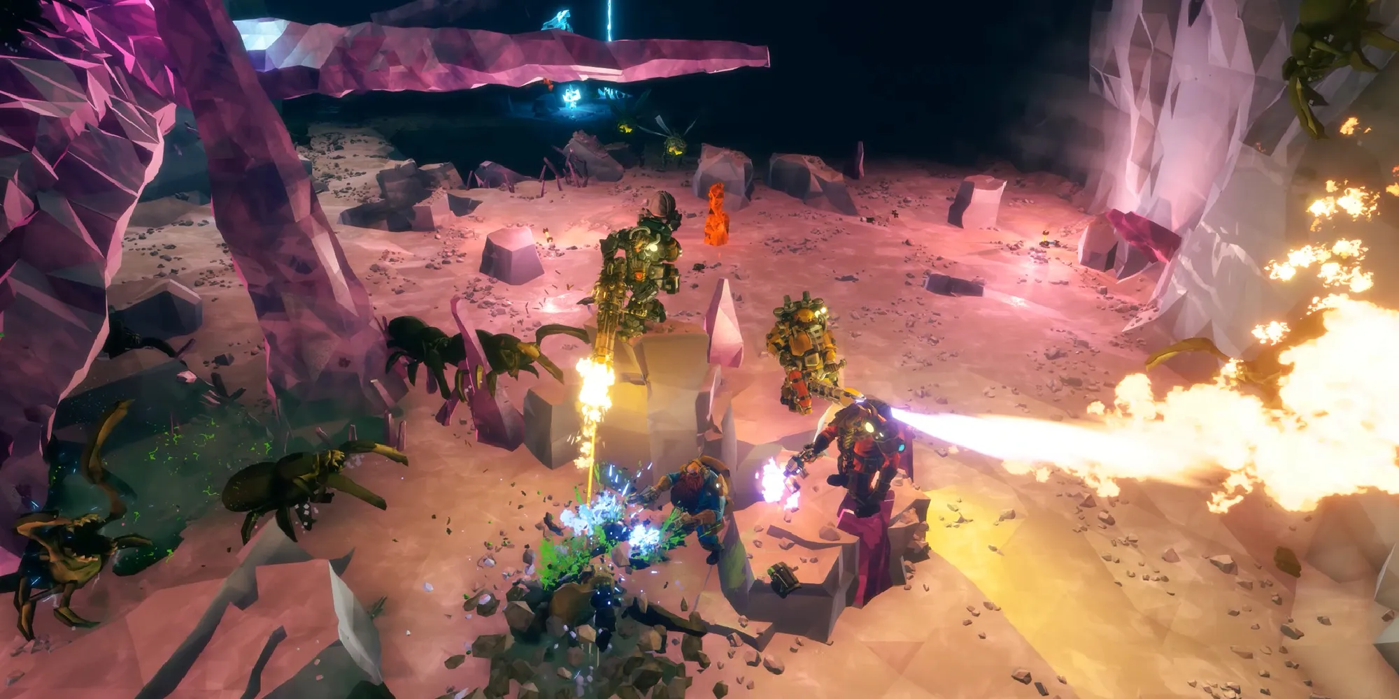 Captura de pantalla mostrando el combate y los monstruos de Deep Rock Galactic