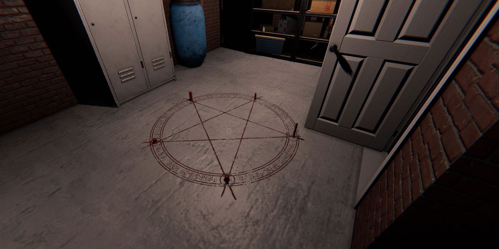 Изображение показывает красный круг призыва на полу в подвале Ridgeview Court в игре Phasmophobia.