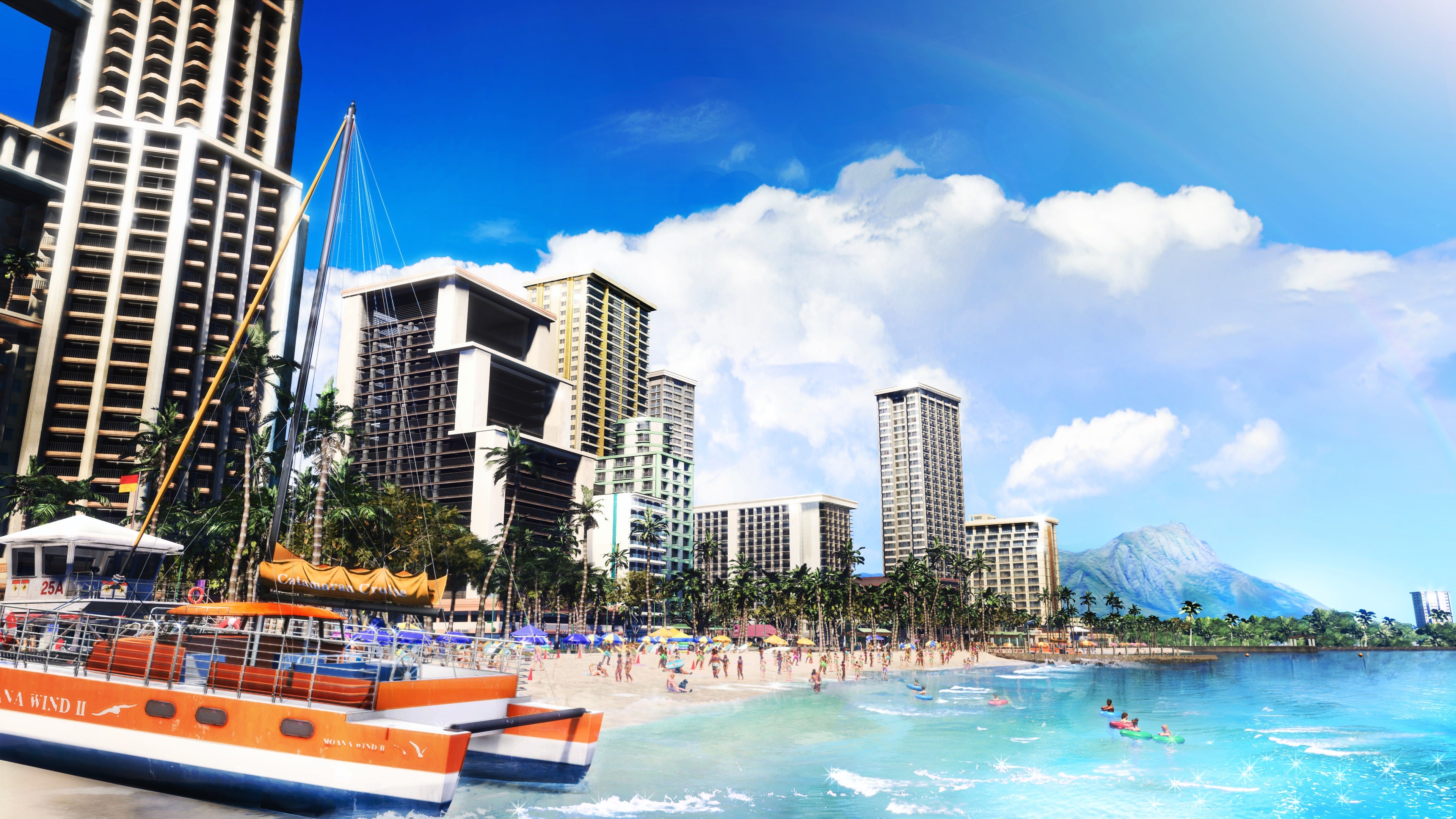 Like A Dragon: Infinite Wealth의 하와이 햇살 가득한 장면, 고층 빌딩으로 둘러싸인 해변이 보입니다.