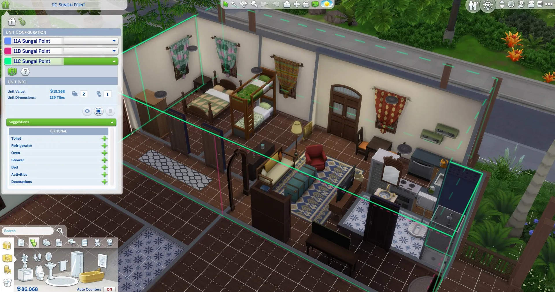Vista di un'unità a Sungai Point in The Sims 4: For Rent