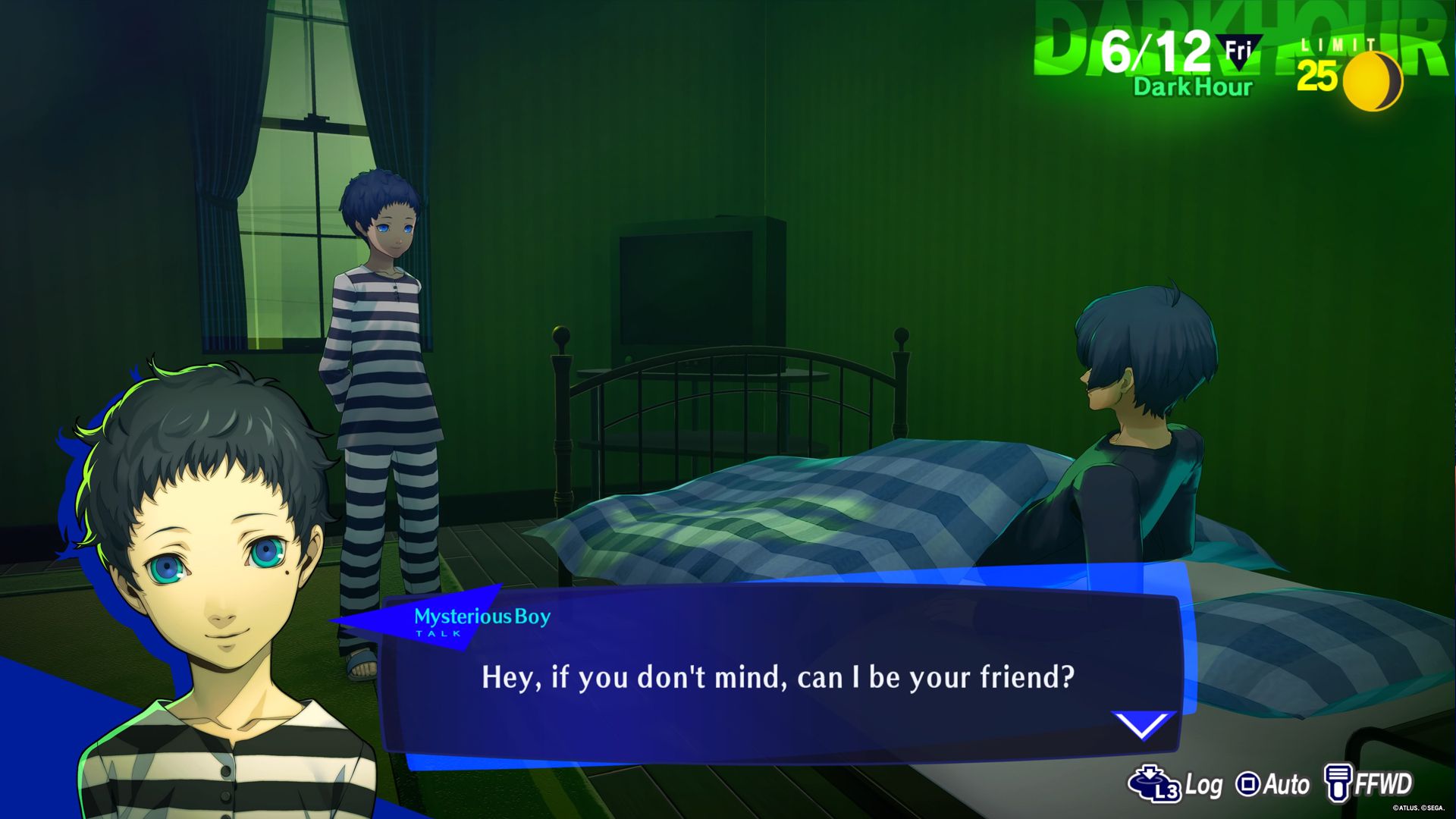 Chico Misterioso habla con un estudiante en la cama sobre el Vínculo Social de la Arcana de la Muerte en Persona 3 Reload.