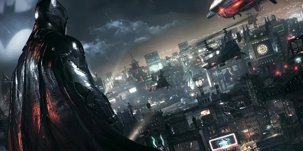Batman contemplant Gotham depuis un toit