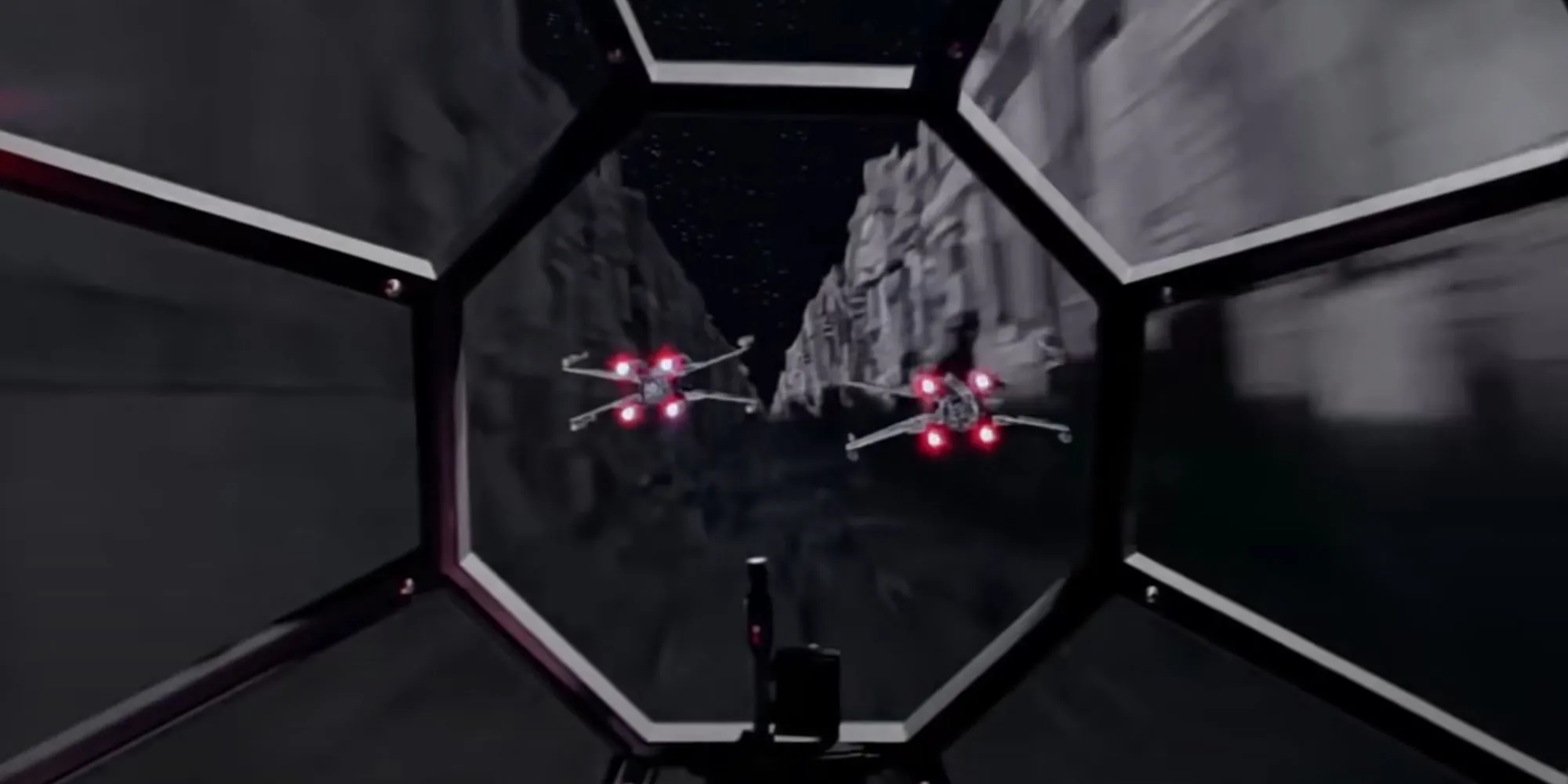 Darth Vader persiguiendo a los X-wings por la trinchera de la Estrella de la Muerte