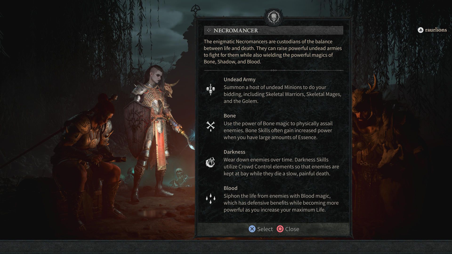 Un necromancer de pie junto a una fogata junto a una descripción del texto de la clase necromancer en Diablo 4.
