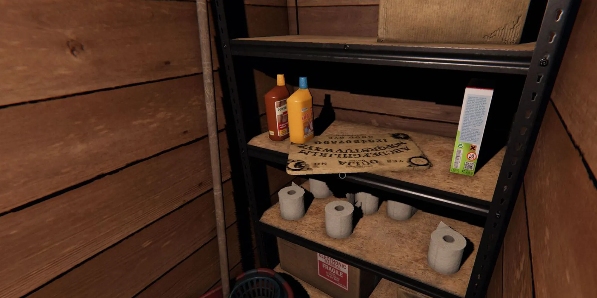 Image depicts a Ouija Board on a shelf in a cleaning closet in Maple Lodge Campsite in Phasmophobia.