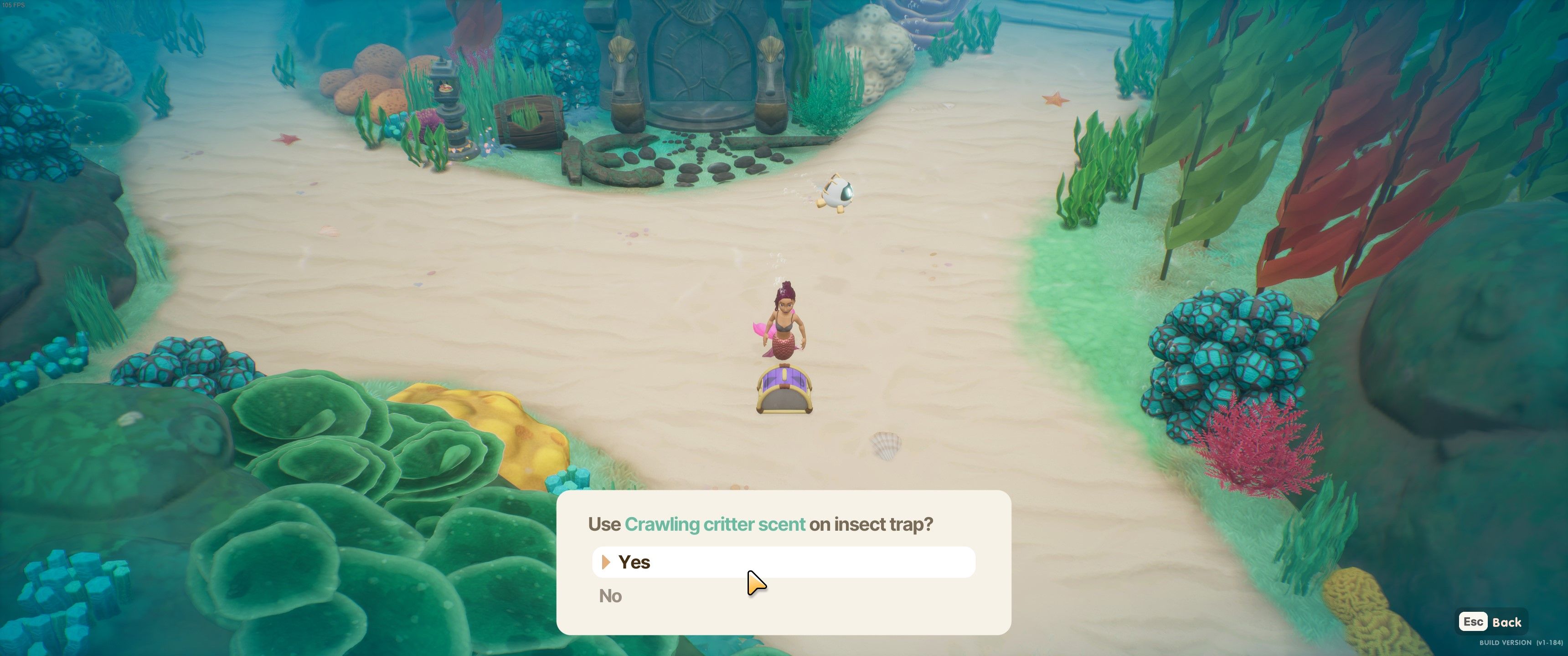 Coral Island: 플레이어 캐릭터가 크롤러 덫에 미끼를 놓는 모습
