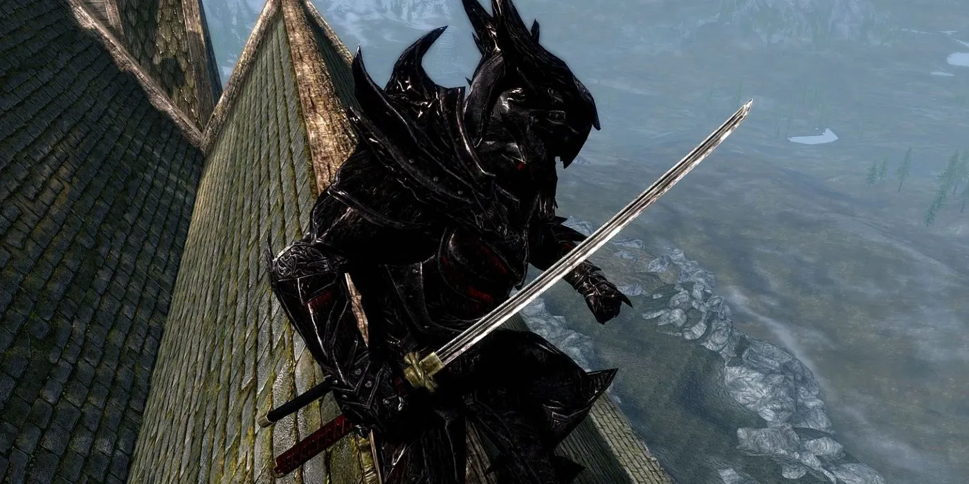 Jugador de Skyrim con armadura daédrica sosteniendo espada de una mano