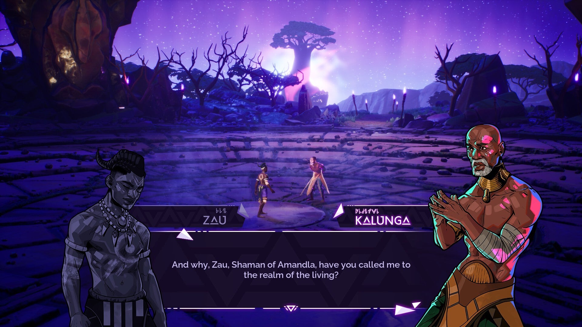 Tales of Kenzera: Zau Screenshot che mostra Zau conversare con suo padre all'esterno tra alberi stilizzati e un cielo viola luminoso