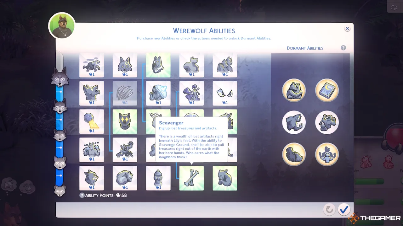 Il menu Abilità dei Licantropi in The Sims 4