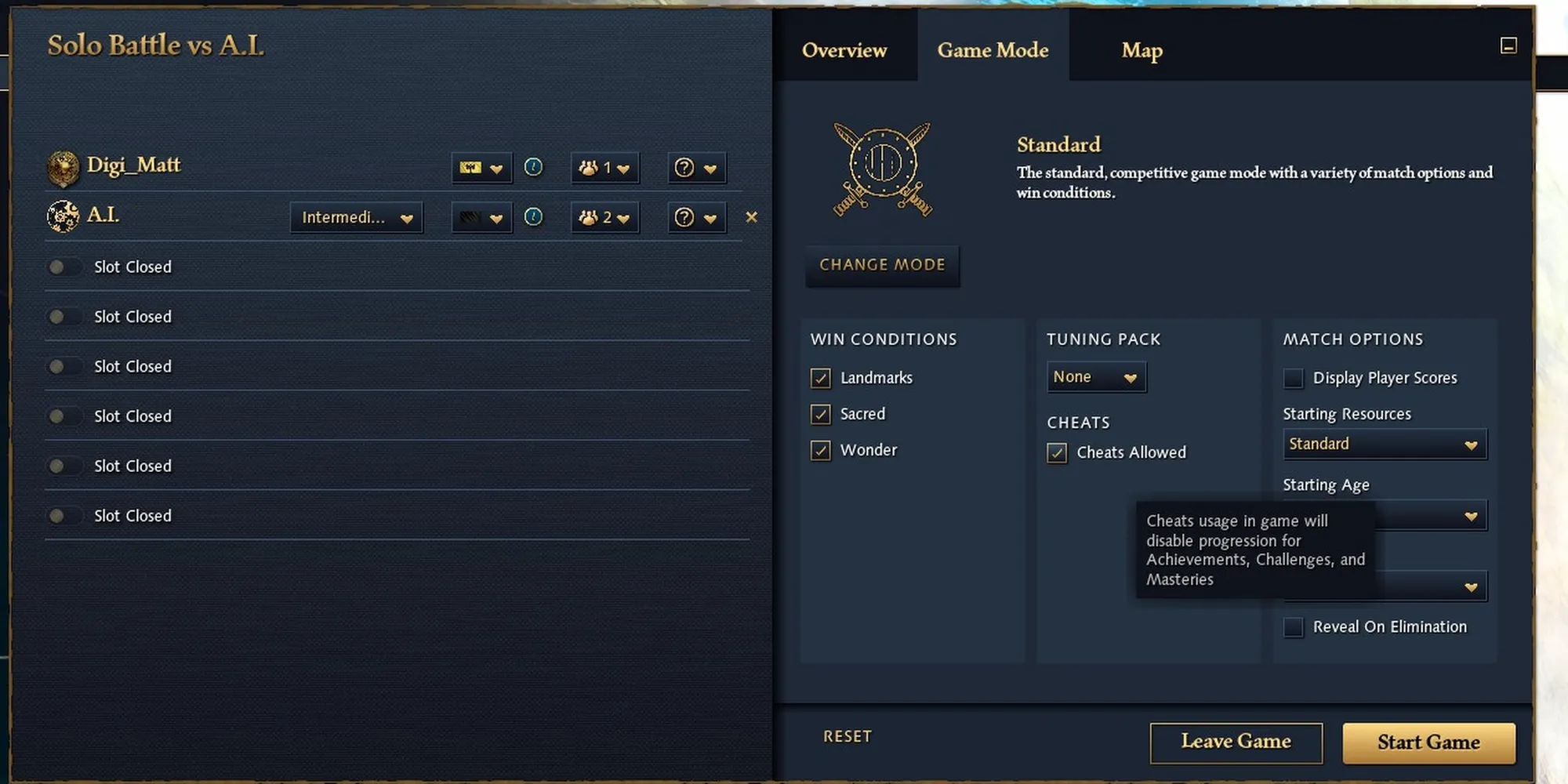 Age Of Empires IV: Location Of The Cheat Menu Activation In The Skirmish Options