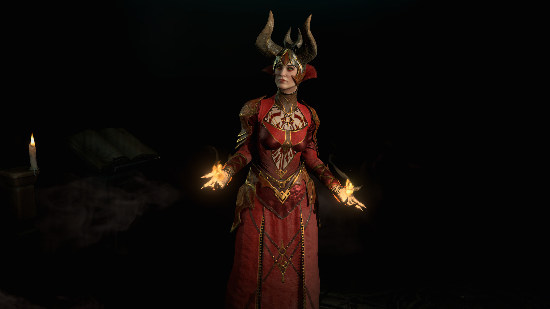 Sorcier se tenant dans l'obscurité avec le feu illuminant ses mains dans Diablo 4