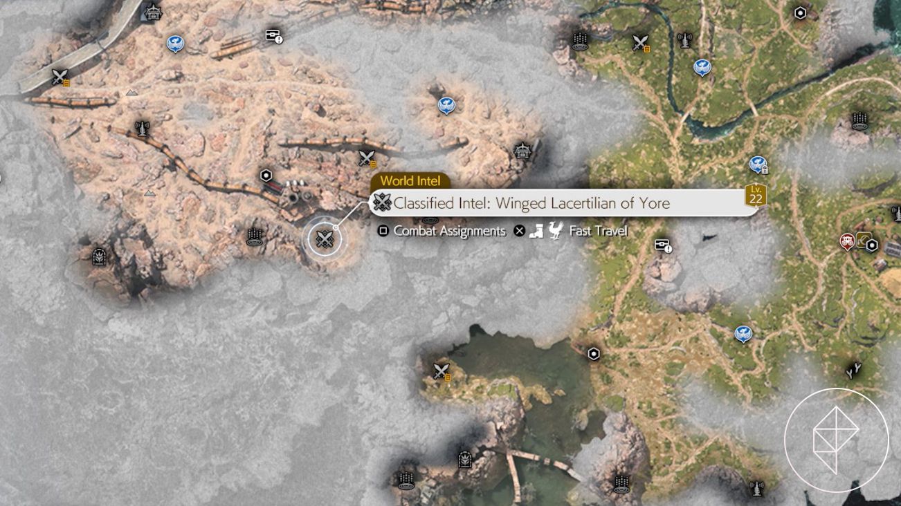 Un mapa de los Pastizales de FF7 Rebirth mostrando dónde encontrar al Quetzalcoatl