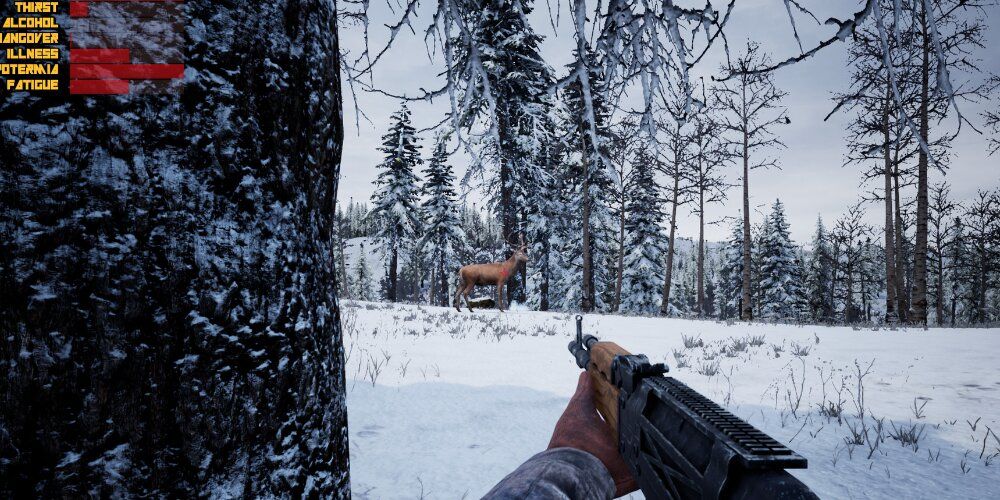 Player aiming an AK-47 at a deer