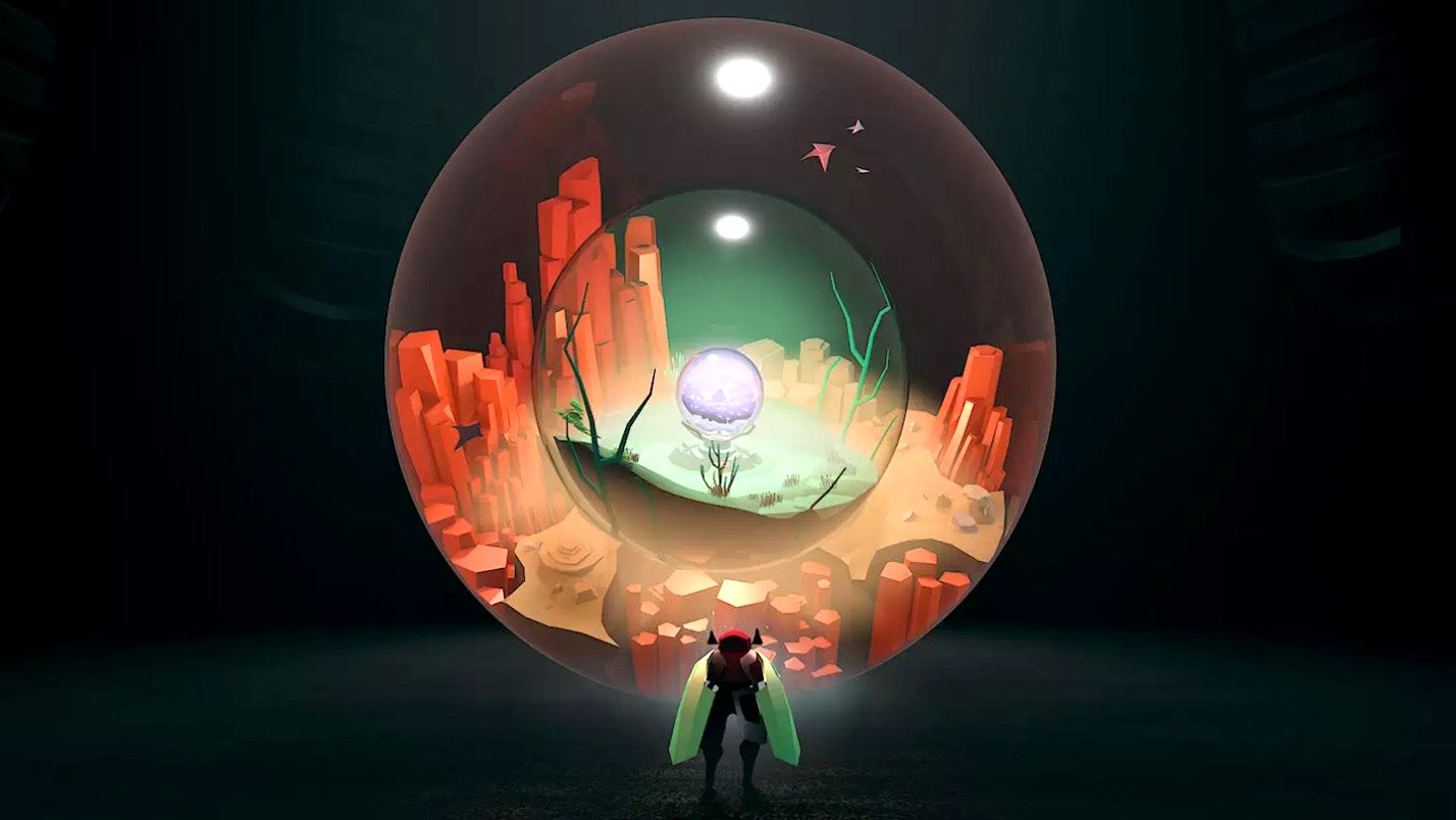 Ключевая художественная работа из игры Кокон, показывающая небольшого насекомоподобного персонажа с крыльями, глядящего внутрь большой прозрачной купола, в котором находится мир. И купол с другим миром внутри. Который имеет купол с еще одним миром.