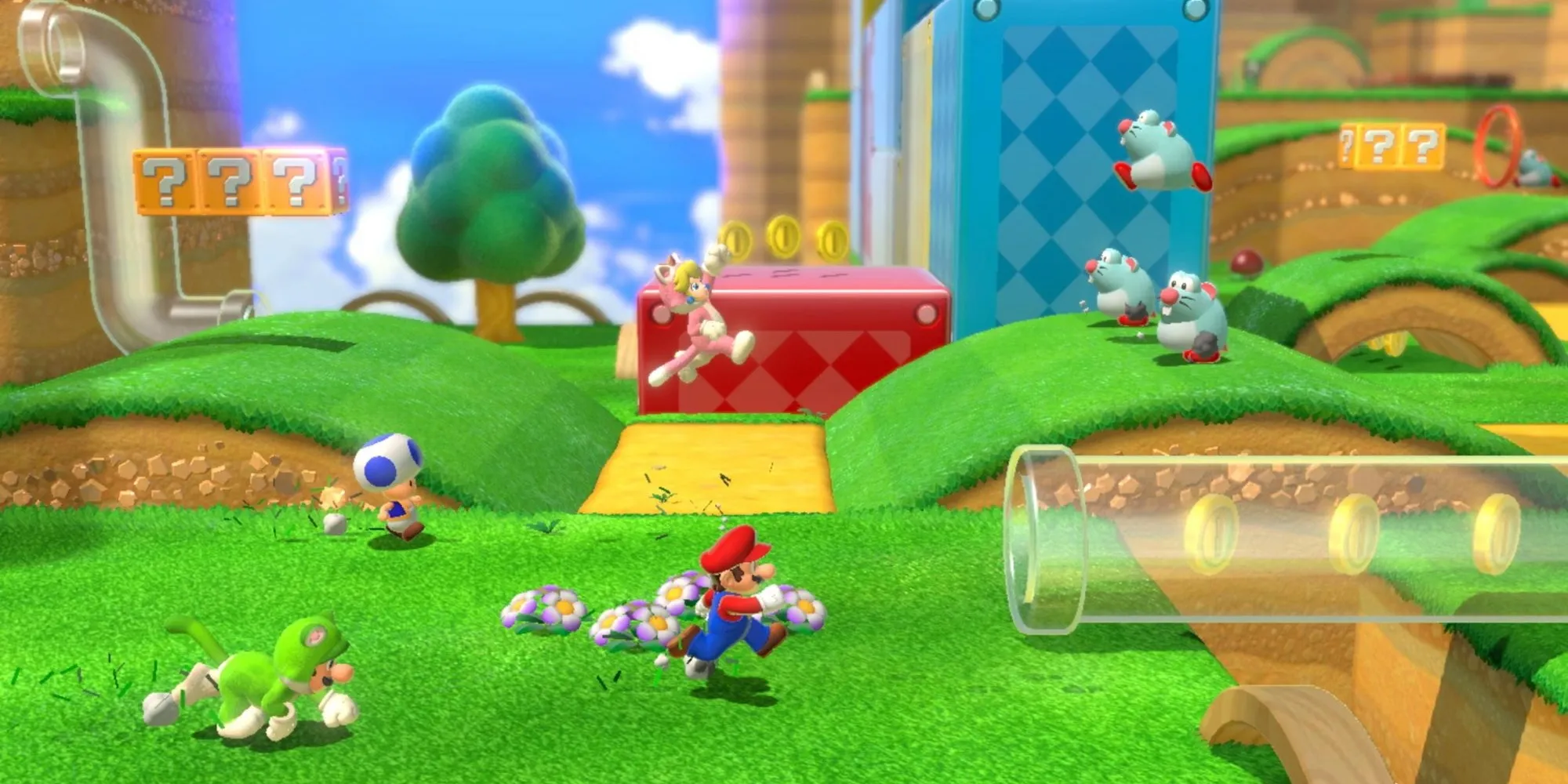 Toad, Luigi, Peach, and Mario running through a level in Super Mario 3D World