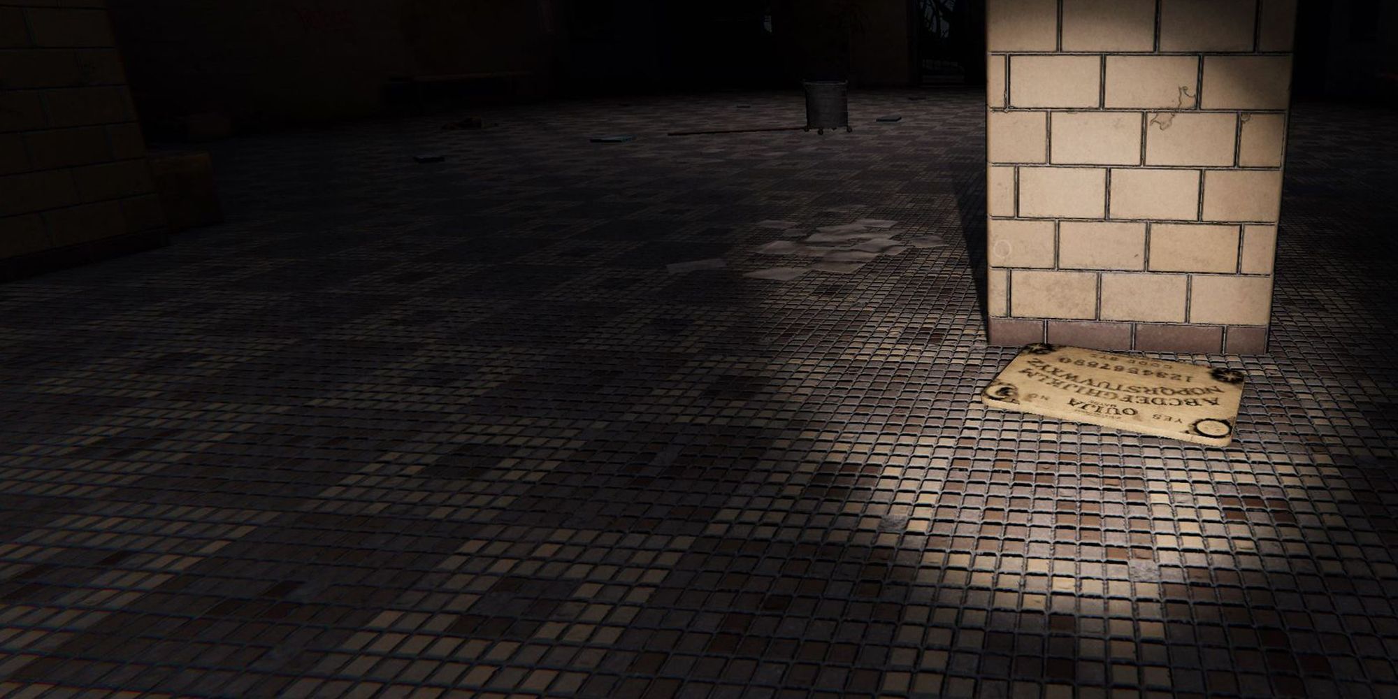 Image depicts a Ouija Board on tiled floor next to a brick pillar in Phasmophobia. This image is from Brownstone High School.