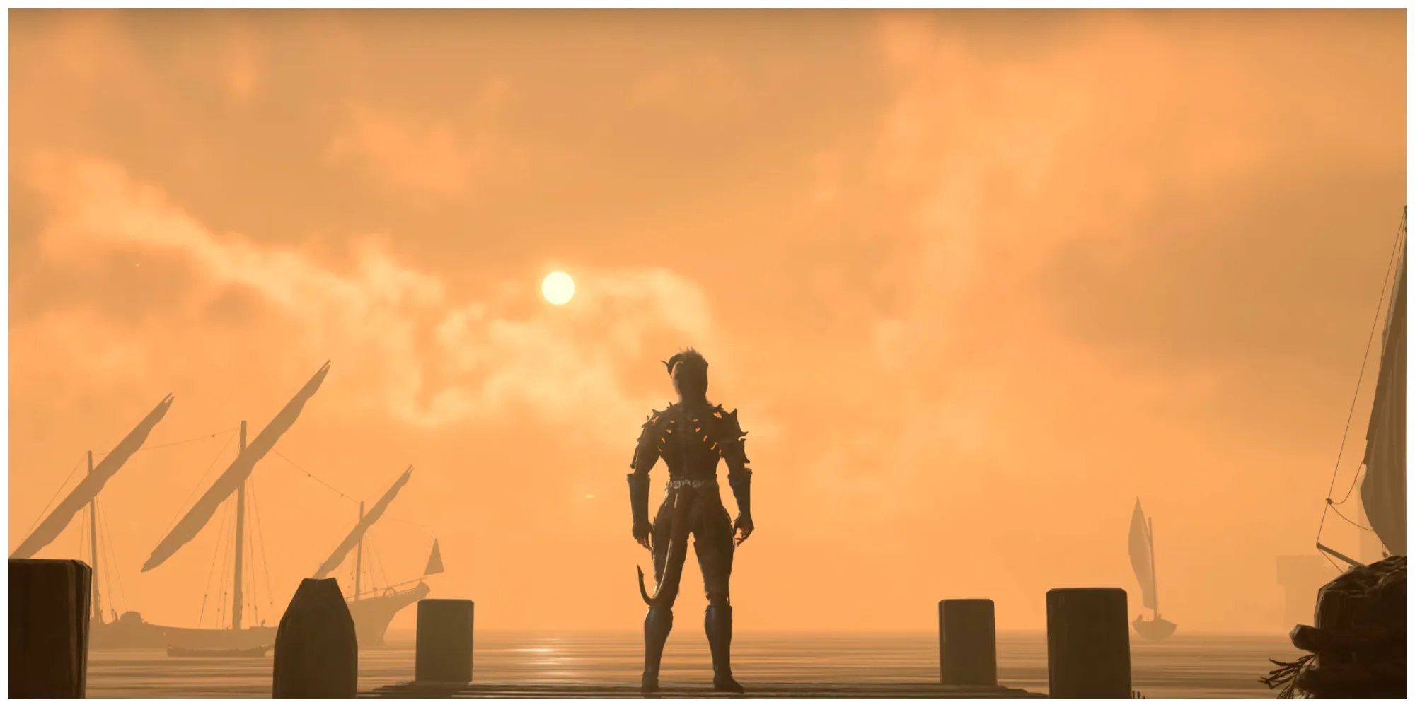 Baldur’s Gate 3, Karlach in piedi sui moli al tramonto