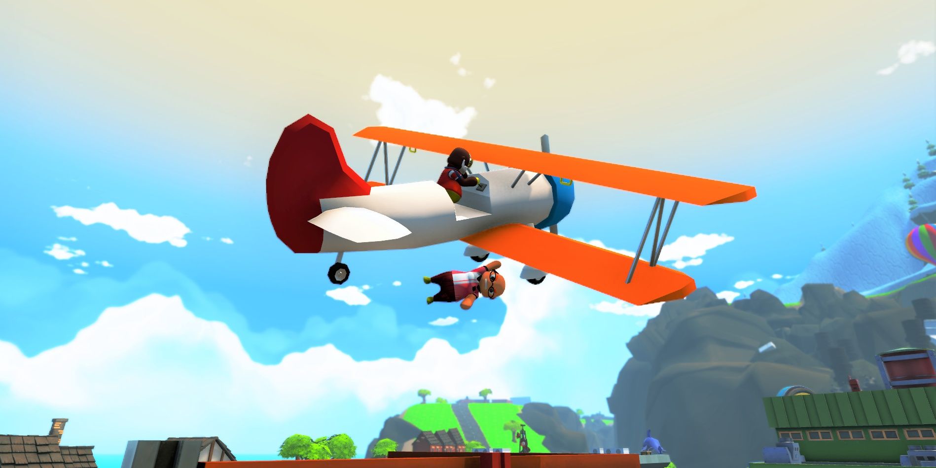 一名玩家驾驶飞机，另一名玩家抓住机翼的画面，来自《完全可靠送货服务》
