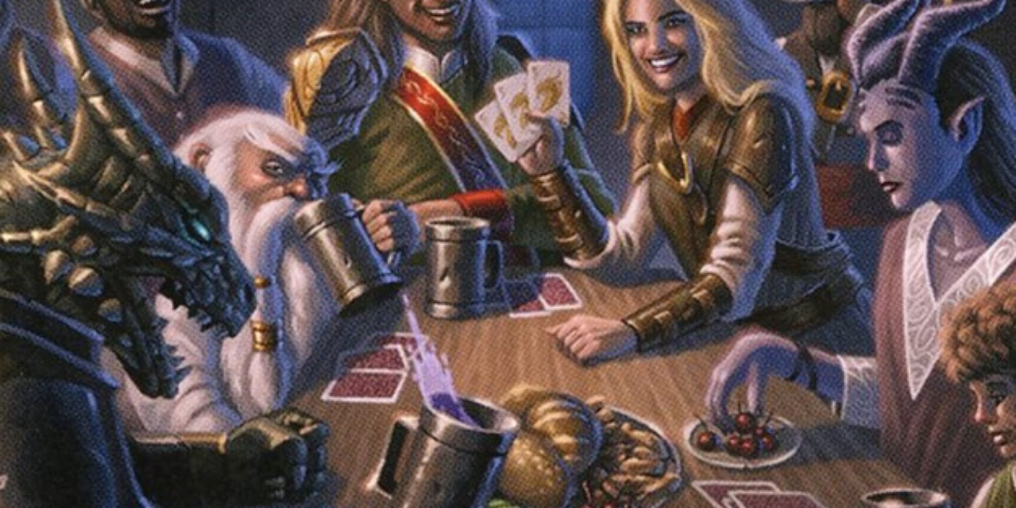 Dungeons and Dragons art of a group of adventurers playing cards and eating around a table