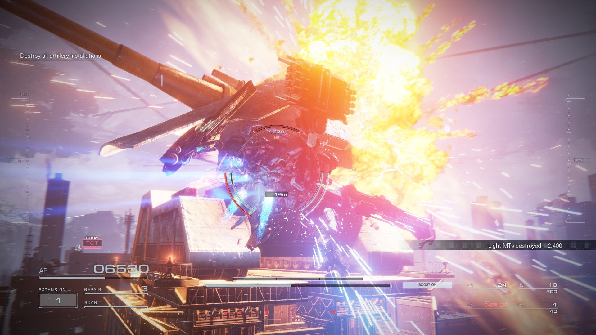 Скриншот игры Armored Core 6, показывающий взрыв огромного артиллерийского орудия.