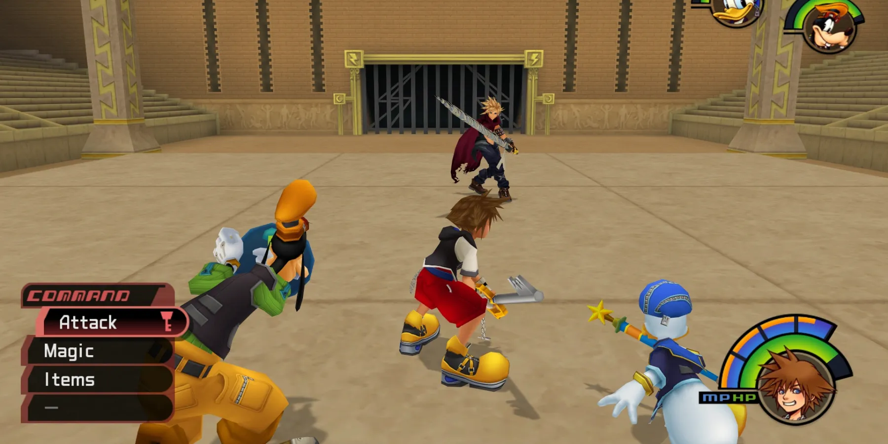 Sora, Donald y Goofy se enfrentan a Cloud en Kingdom Hearts 1