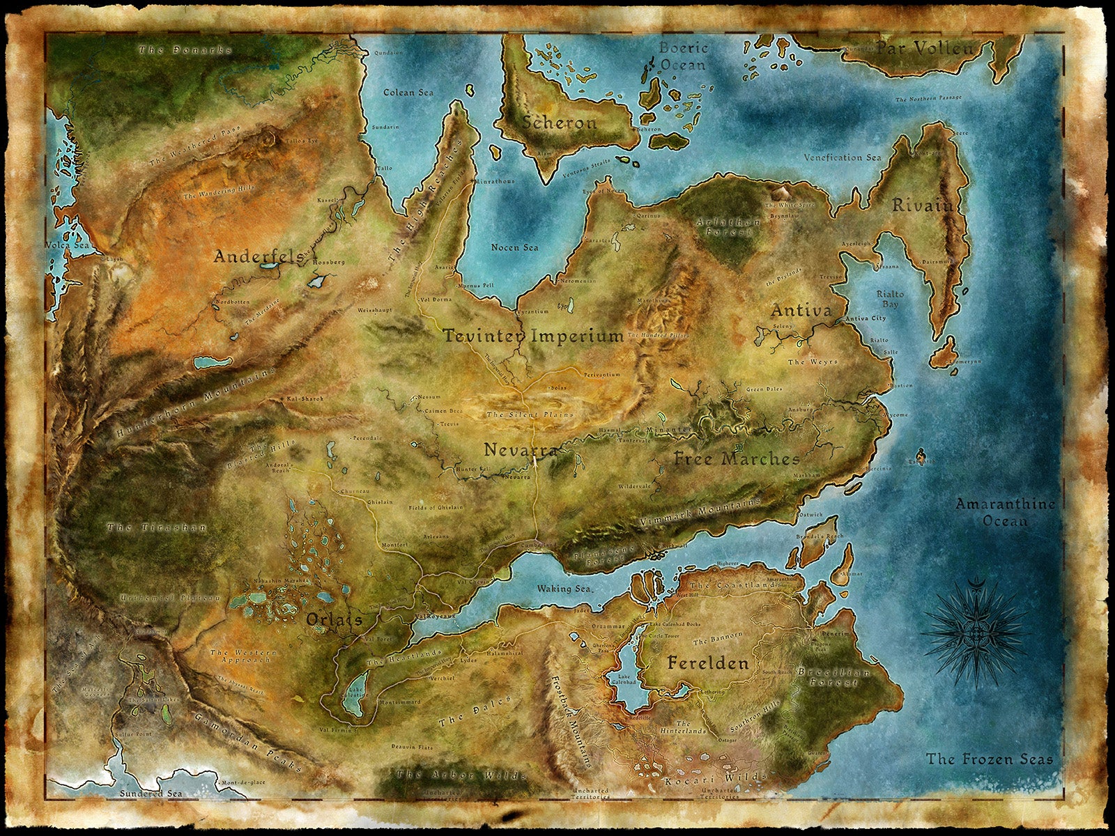 La mappa del mondo di Dragon Age, Thedas, resa più bella da BioWare. È disegnata come se avesse una geografia colorata reale.