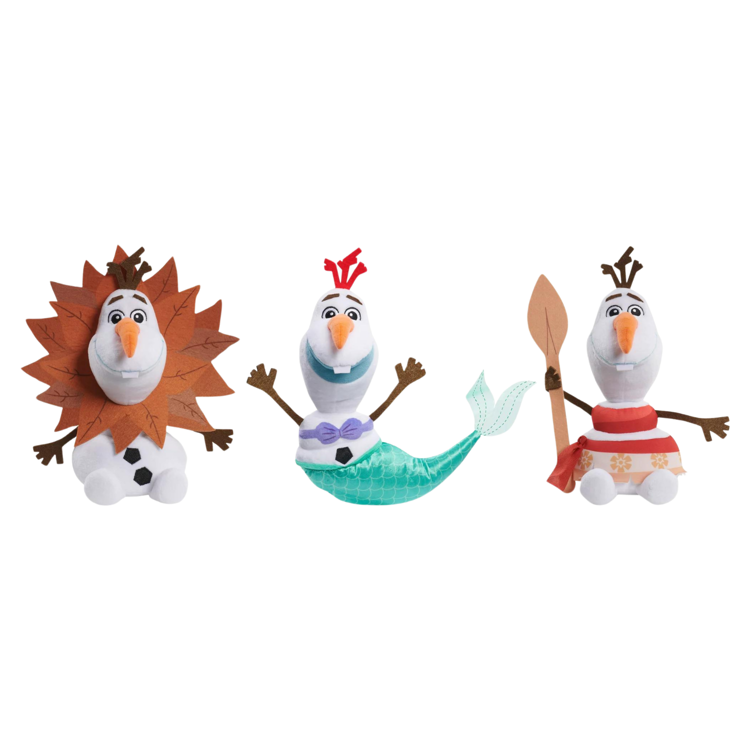 Cette image montre trois poupées d'Olaf le bonhomme de neige de La Reine des Neiges déguisées en Simba, en Ariel et en Moana.