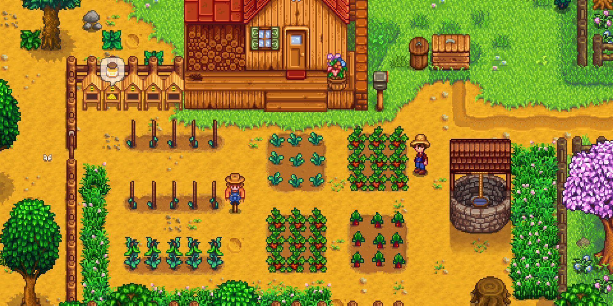 Игрок рассматривает свою ферму в игре Stardew Valley