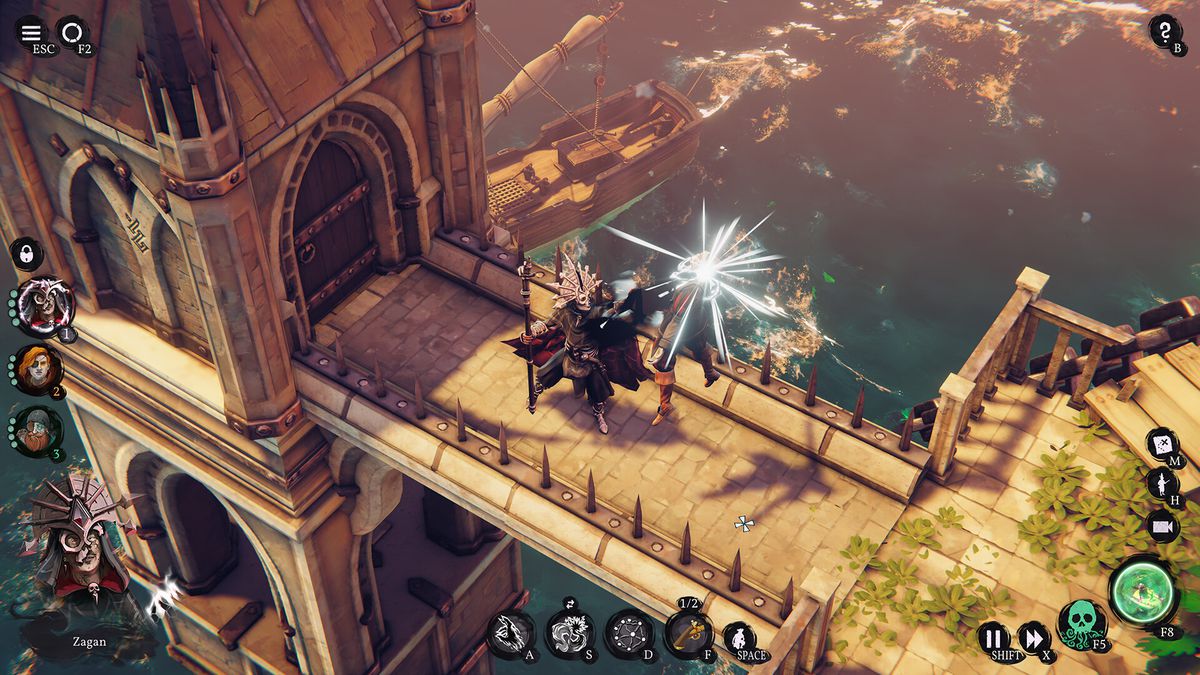Zagan lifts and incapacitates an enemy in broad daylight along the ramparts of an Inquisition fort in Shadow Gambit: The Cursed Crew