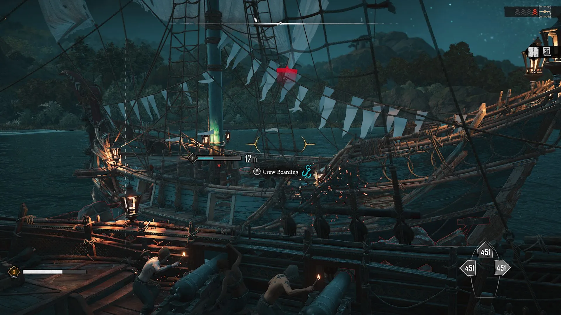 Un joueur visant dans son viseur un navire ennemi pour initier un Abordage d'Équipage dans Skull and Bones.