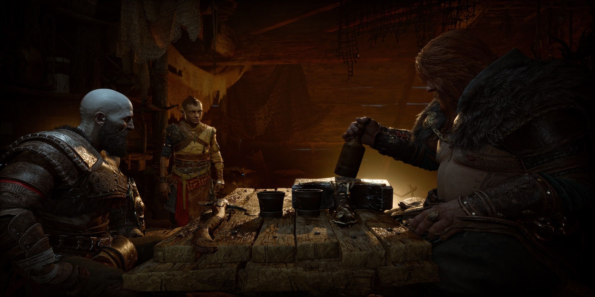 Una scena del gioco con personaggi in God of War Ragnarok