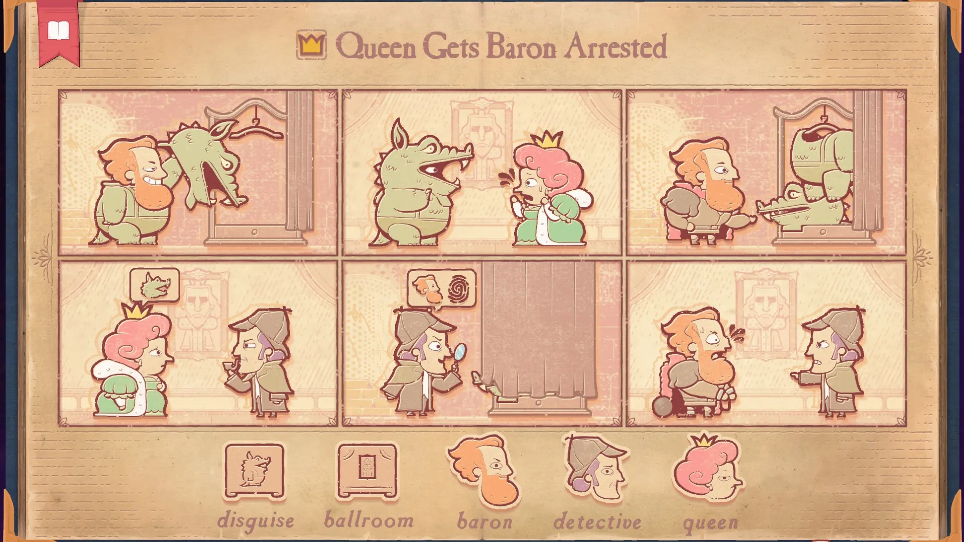 Storyteller의 드래곤 섹션 해결 방법, 여왕이 바론을 체포하는 모습.