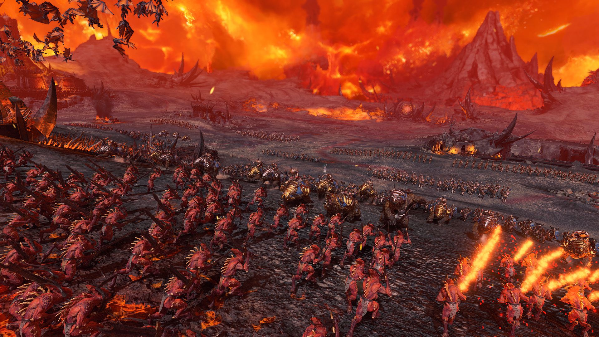Una vista desde detrás de una horda de demonios mientras corren hacia las líneas de la Tzarina en Total War: Warhammer 3