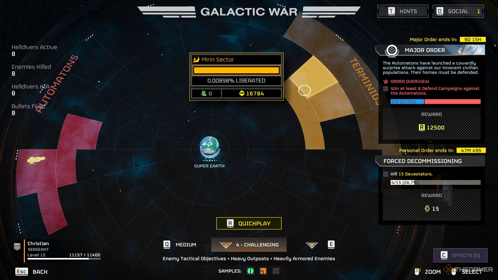 Une capture d'écran de Helldivers 2 montrant un marqueur sur le côté des Terminids de la carte de la Guerre Galactique, en jaune.