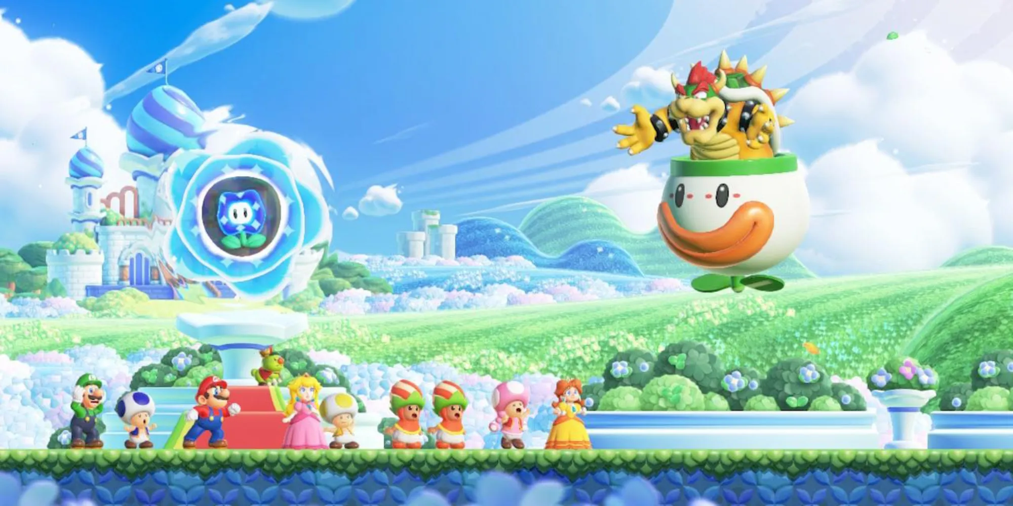 Bowser confronting Mario and friends over the Wonder Flower